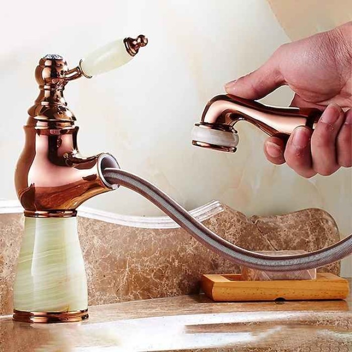 Traditional Bathroom Faucet Pull Out Basin Sink Mixer Taps Short/Tall, Vintage Brass Vessel Taps Ceramic Single Handle, with Cold and Hot Hose