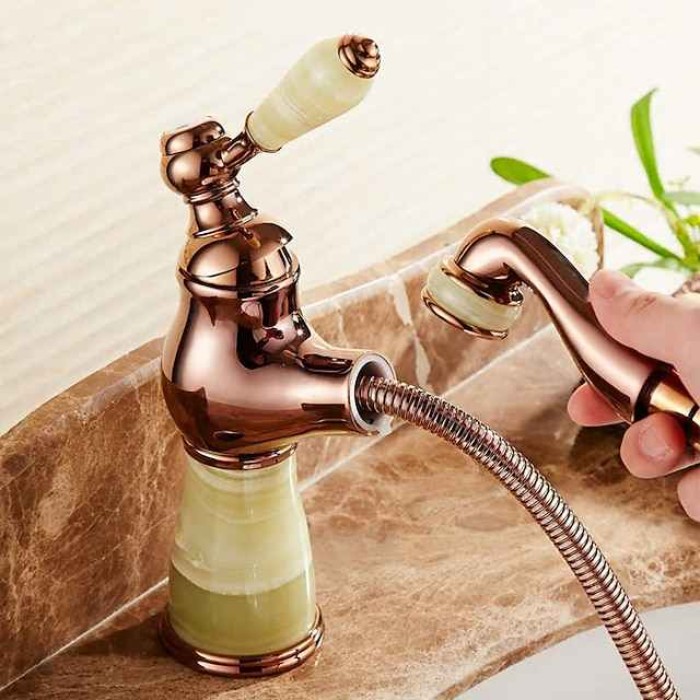 Traditional Bathroom Faucet Pull Out Basin Sink Mixer Taps Short/Tall, Vintage Brass Vessel Taps Ceramic Single Handle, with Cold and Hot Hose