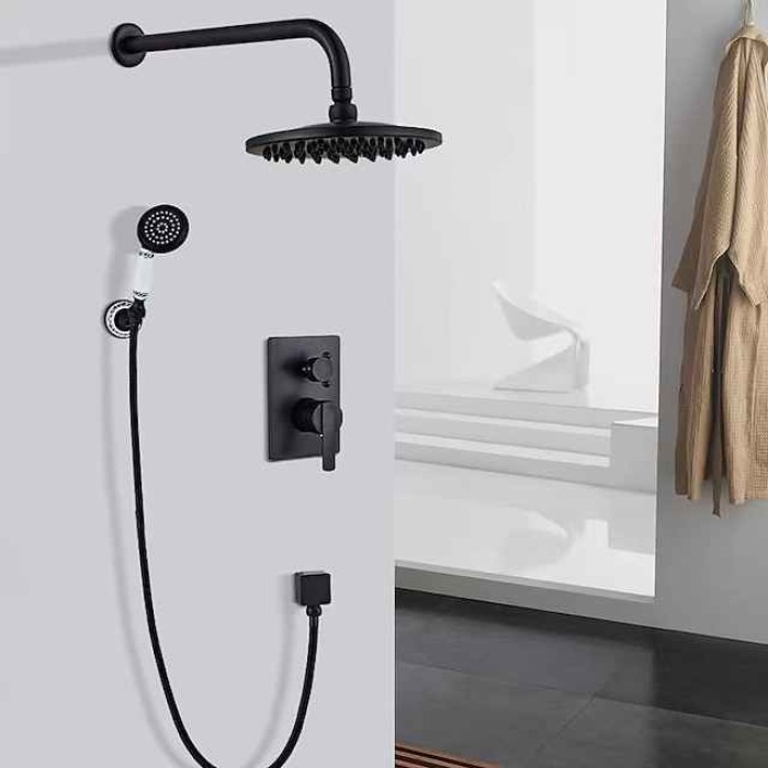 Shower Faucet Set Wall Mounted Vintage Brass, Rainfall Overhead Combo Set Bathroom Mixer Ceramic Shower Hendheld Sprayer High Pressure Black Antique