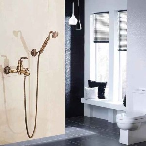 Shower Faucet Set Wall Mounted Vintage Brass, Shower System Handheld Sprayer, with Tub Spout Cold and Hot Hose