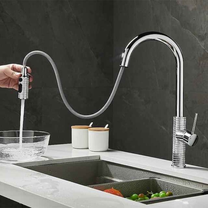 Kitchen Faucet Pull Out Sink Mixer Vessel Tap with 3 Mode Spout, 360 Degree Rotate Single Handle with Cold and Hot Hose