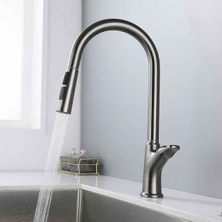 Kitchen Faucet Pull Out Sink Mixer Taps, 360 Degree Single Handle Vessel Brass Taps with Cold and Hot Hose