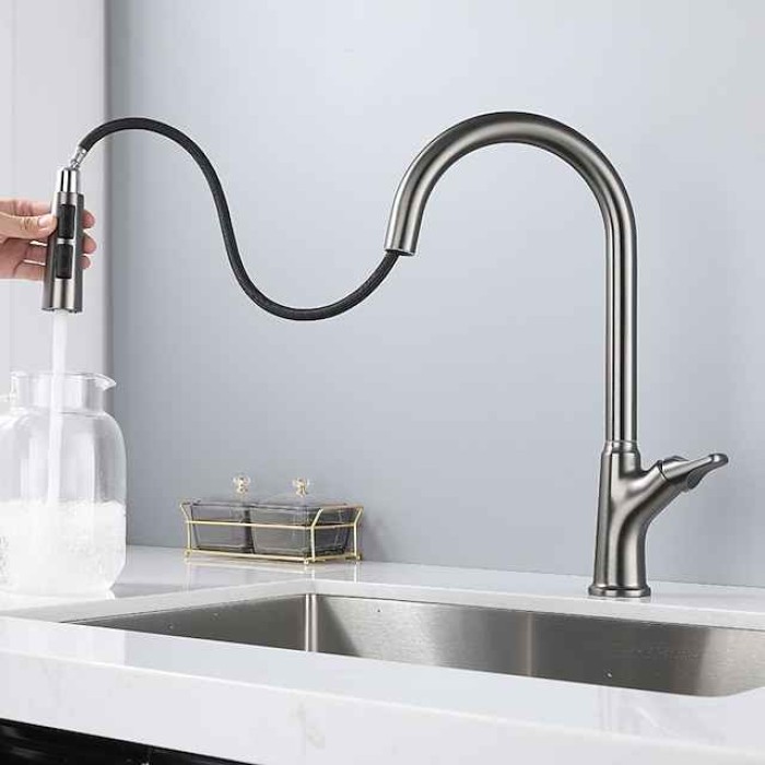 Kitchen Faucet Pull Out Sink Mixer Taps, 360 Degree Single Handle Vessel Brass Taps with Cold and Hot Hose