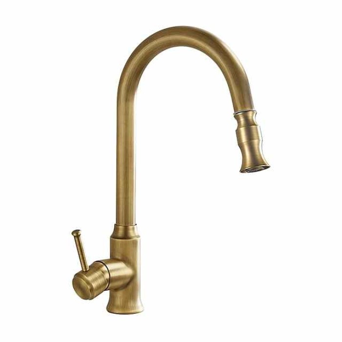 Traditional Kitchen Faucet Pull Out Sink Mixer Vessel Brass Taps, 360 Degree Single Handle Vintage Taps with Cold and Hot Hose