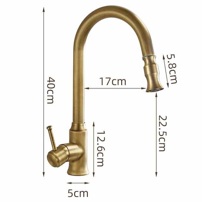 Traditional Kitchen Faucet Pull Out Sink Mixer Vessel Brass Taps, 360 Degree Single Handle Vintage Taps with Cold and Hot Hose