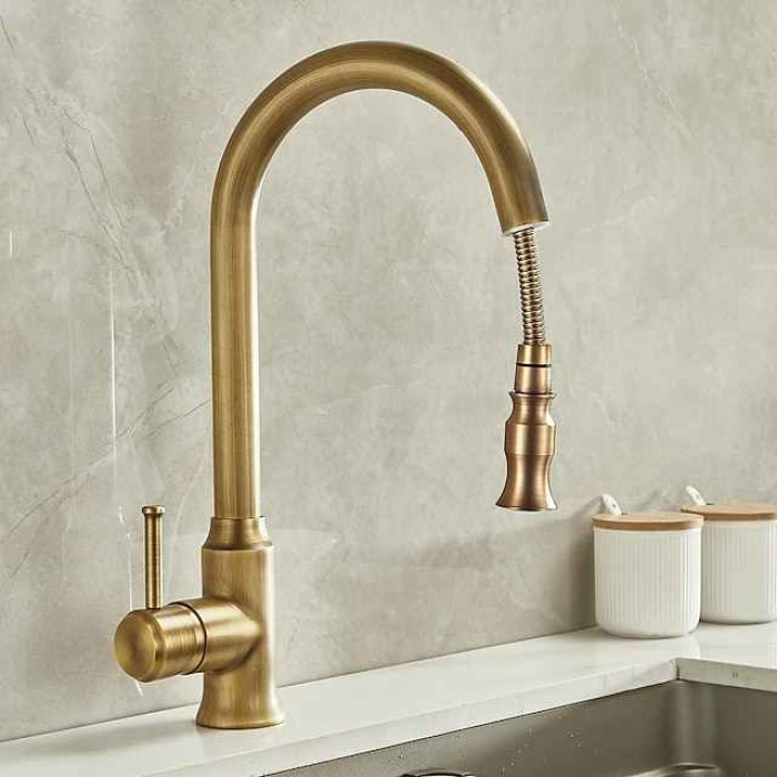 Traditional Kitchen Faucet Pull Out Sink Mixer Vessel Brass Taps, 360 Degree Single Handle Vintage Taps with Cold and Hot Hose