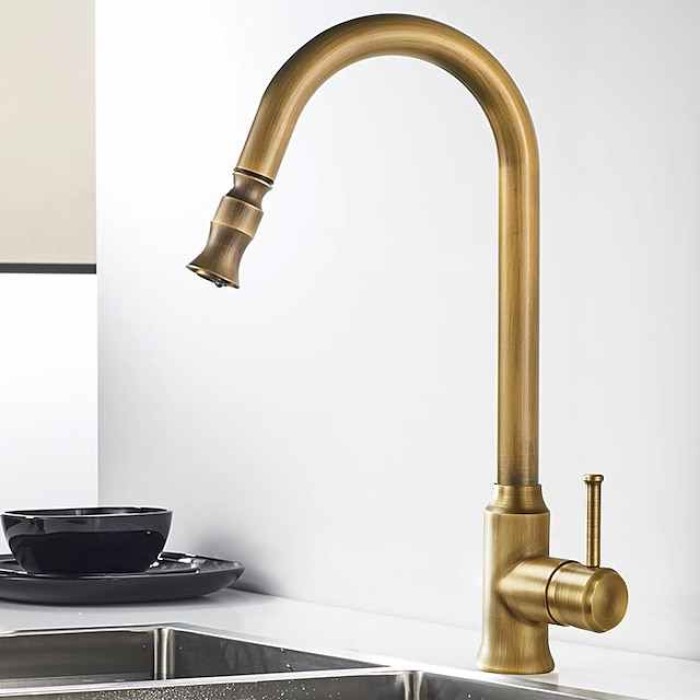 Traditional Kitchen Faucet Pull Out Sink Mixer Vessel Brass Taps, 360 Degree Single Handle Vintage Taps with Cold and Hot Hose