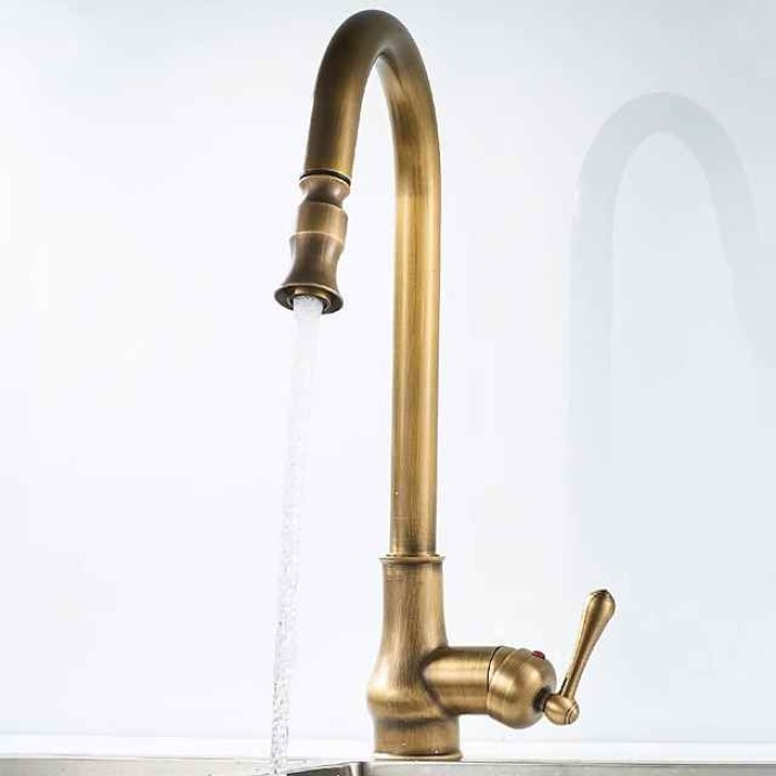 Kitchen Faucet Pull Out Sink Mixer Taps, 360 Degree 2 Mode Sprayer, Vintage Brass Vessel Tap with Cold and Hot Hose