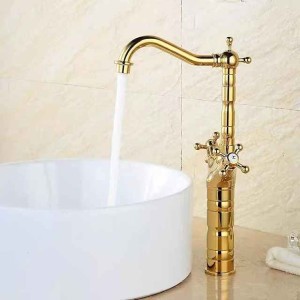 Bathroom Sink Mixer Faucet Short Tall Vessel Basin Taps, Vintage Brass Twin Handle Tap with Cold and Hot Hose