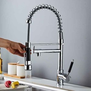 Kitchen Taps Pull Down Dual Spout with Sprayer, Sink Mixer Brass Faucet with Cold and Hot Hose