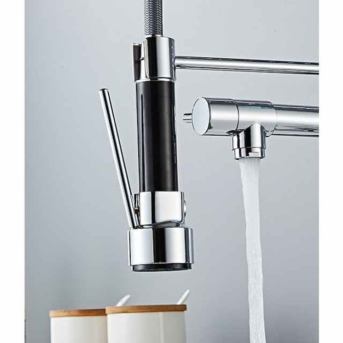 Kitchen Taps Pull Down Dual Spout with Sprayer, Sink Mixer Brass Faucet with Cold and Hot Hose