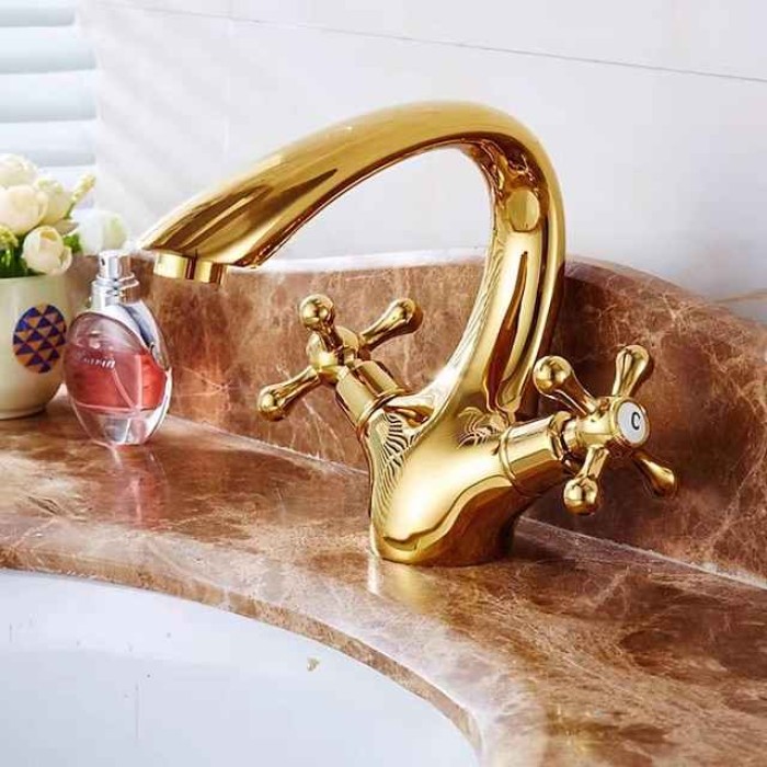 Bathroom Sink Mixer Faucet, Brass Basin Taps Dual Handle with Hot and Cold Hose