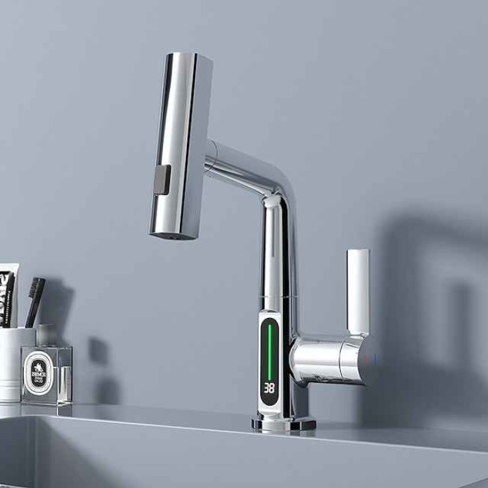 Bathroom Sink Faucet - Rotatable / Pull out / LED Electroplated / Painted Finishes Centerset Single Handle One HoleBath Taps