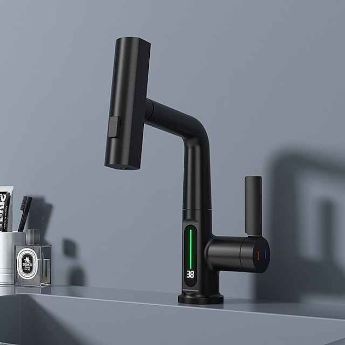 Bathroom Sink Faucet - Rotatable / Pull out / LED Electroplated / Painted Finishes Centerset Single Handle One HoleBath Taps