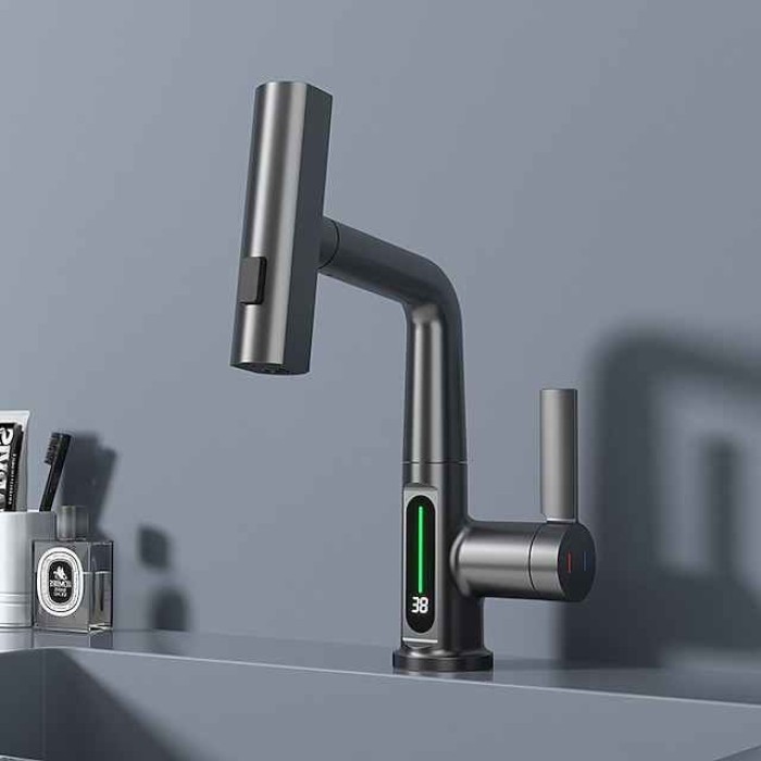 Bathroom Sink Faucet - Rotatable / Pull out / LED Electroplated / Painted Finishes Centerset Single Handle One HoleBath Taps