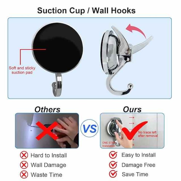 Suction Cup Hooks Heavy Duty Vacuum Suction Shower Hooks Glass Suction Cup Hooks Bathroom Robe Hooks Reusable, No Hole Punched, for Garland Decoration