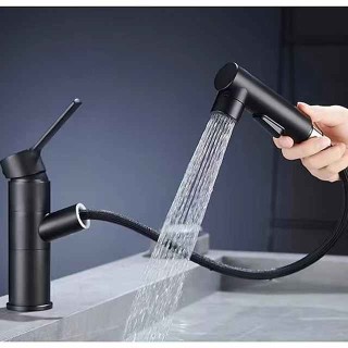 Bathroom Sink Faucet, Classic Electroplated Mount Outside Single Handle One Hole Bath Taps, Pull Out Sprayer