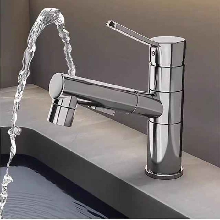 Bathroom Sink Faucet, Classic Electroplated Mount Outside Single Handle One Hole Bath Taps, Pull Out Sprayer