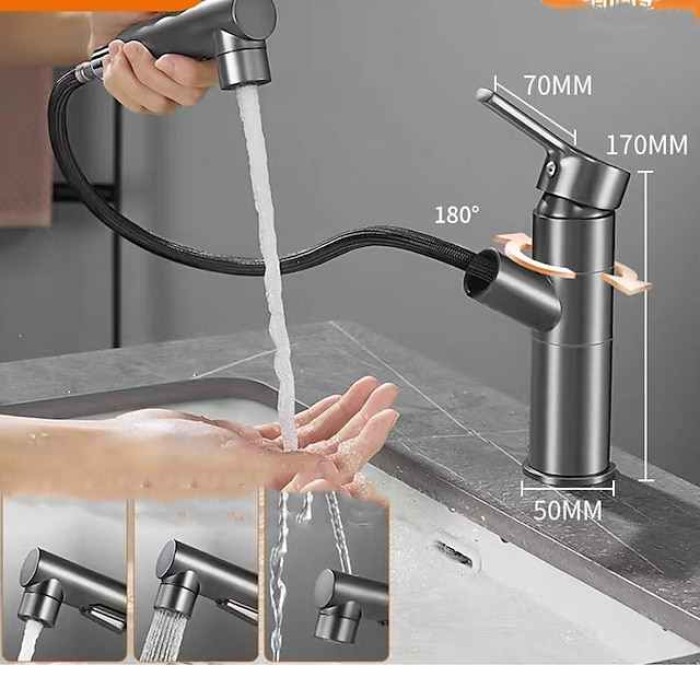 Bathroom Sink Faucet, Classic Electroplated Mount Outside Single Handle One Hole Bath Taps, Pull Out Sprayer