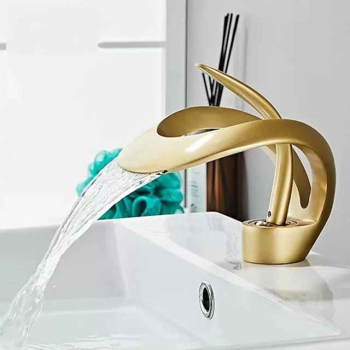 Bathroom Sink Faucet, Modern Waterfall Electroplated, Painted Finishes Mount Outside Single Handle One Hole Bath Taps