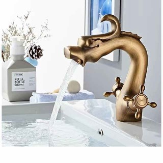 Bathroom Sink Faucet - Loong Style Dragon Shape Classic Mount Outside Single Handle One Hole Bath Taps in Antique Brass