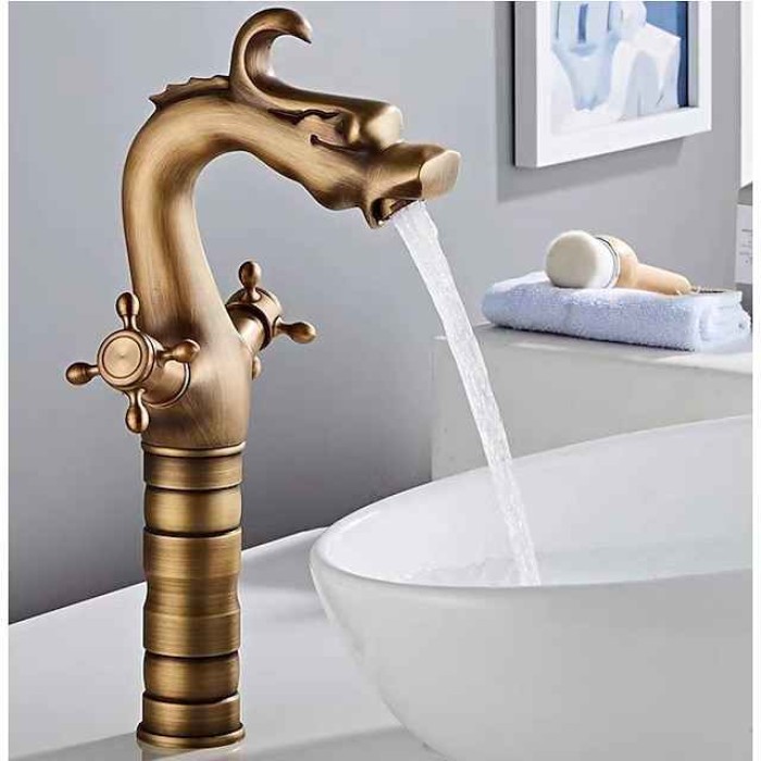 Bathroom Sink Faucet - Loong Style Dragon Shape Classic Mount Outside Single Handle One Hole Bath Taps in Antique Brass