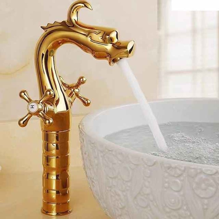 Bathroom Sink Faucet - Loong Style Dragon Shape Classic Mount Outside Single Handle One Hole Bath Taps in Antique Brass