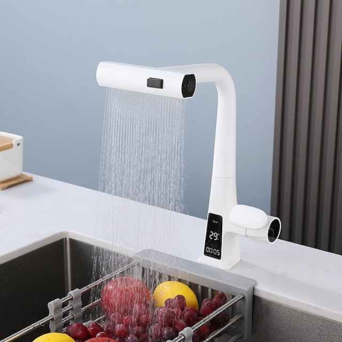 Pull-Out Kitchen faucet with LED Temperature Digital Display, Single Handle One Hole Center-set Modern Contemporary Kitchen Taps