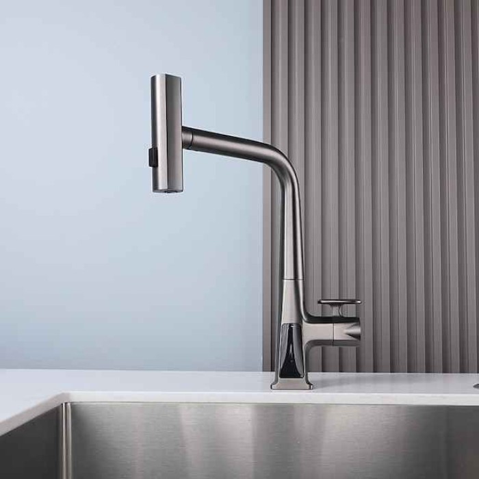 Pull-Out Kitchen faucet with LED Temperature Digital Display, Single Handle One Hole Center-set Modern Contemporary Kitchen Taps