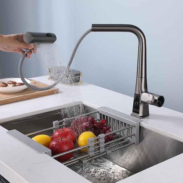 Pull-Out Kitchen faucet with LED Temperature Digital Display, Single Handle One Hole Center-set Modern Contemporary Kitchen Taps