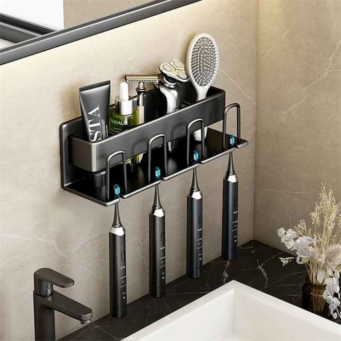 Black Gold Toothbrush Rack Bathroom Toilet Non Perforated Wall Mounted Electric Mouthwash Cup Brush Cup Wall Mounted Space Aluminum Storage Rack