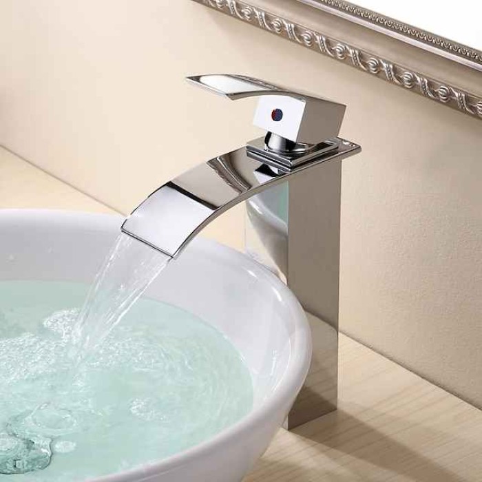 Waterfall Bathroom Sink Mixer Faucet Tall, Modern Style Brass Basin Taps Chrome Vessel Single Handle One Hole Bath Taps with Cold and Hot Water Hose