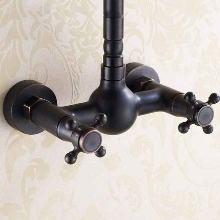 Traditional Bathroom Sink Mixer Taps Black Wall Mounted, 360° Rotatable Antique Retro Brass Sink Kitchen Tap Washroom Basin Bathtub Tub